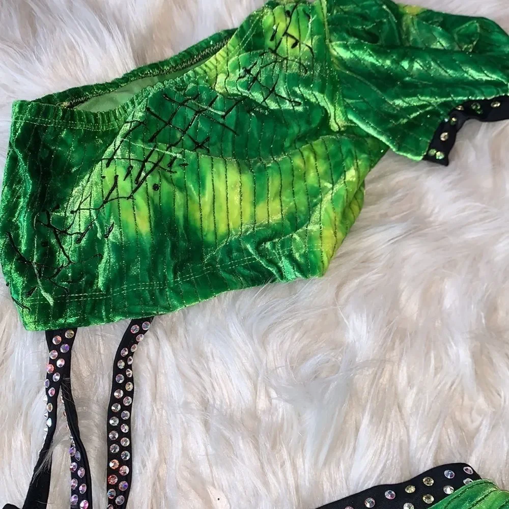 Green One Piece Dance Costume.  Swarovski Crystal adorned.